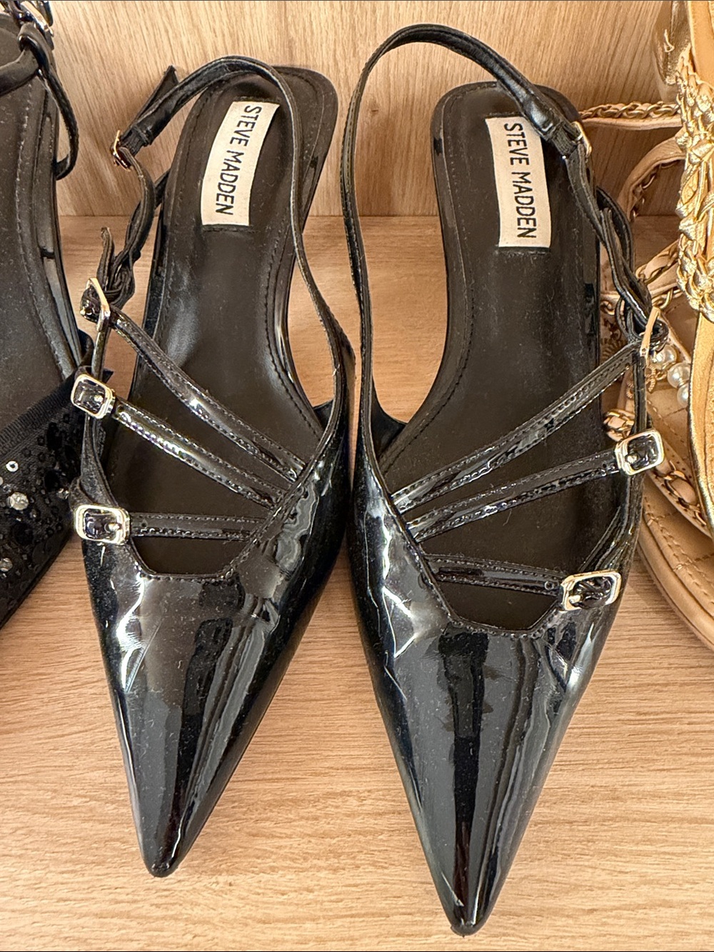 Steve Madden Black Patent Pointed Slingback Flats with Triple Buckles